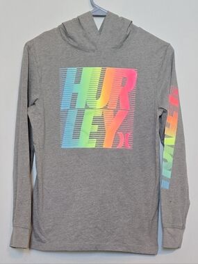 Kid's Hurley Gray Long Sleeve Hooded T-shirt with Neon Rainbow Logo  size LG